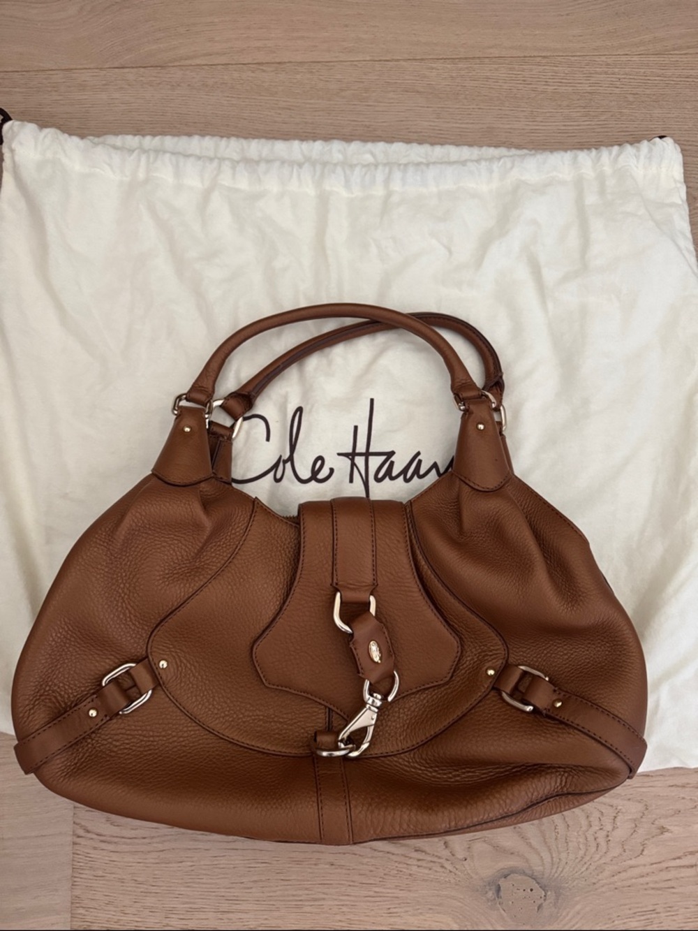 Cole Haan Village F06 Satchel, Rich Caramel Tan Leather with Gold Hardware.